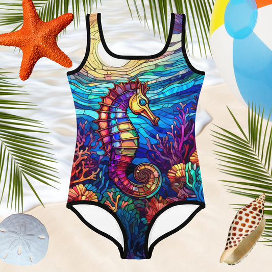 Beautiful sea horse in stained glass style print on a cute one piece swimsuit for girls on a beachy background.