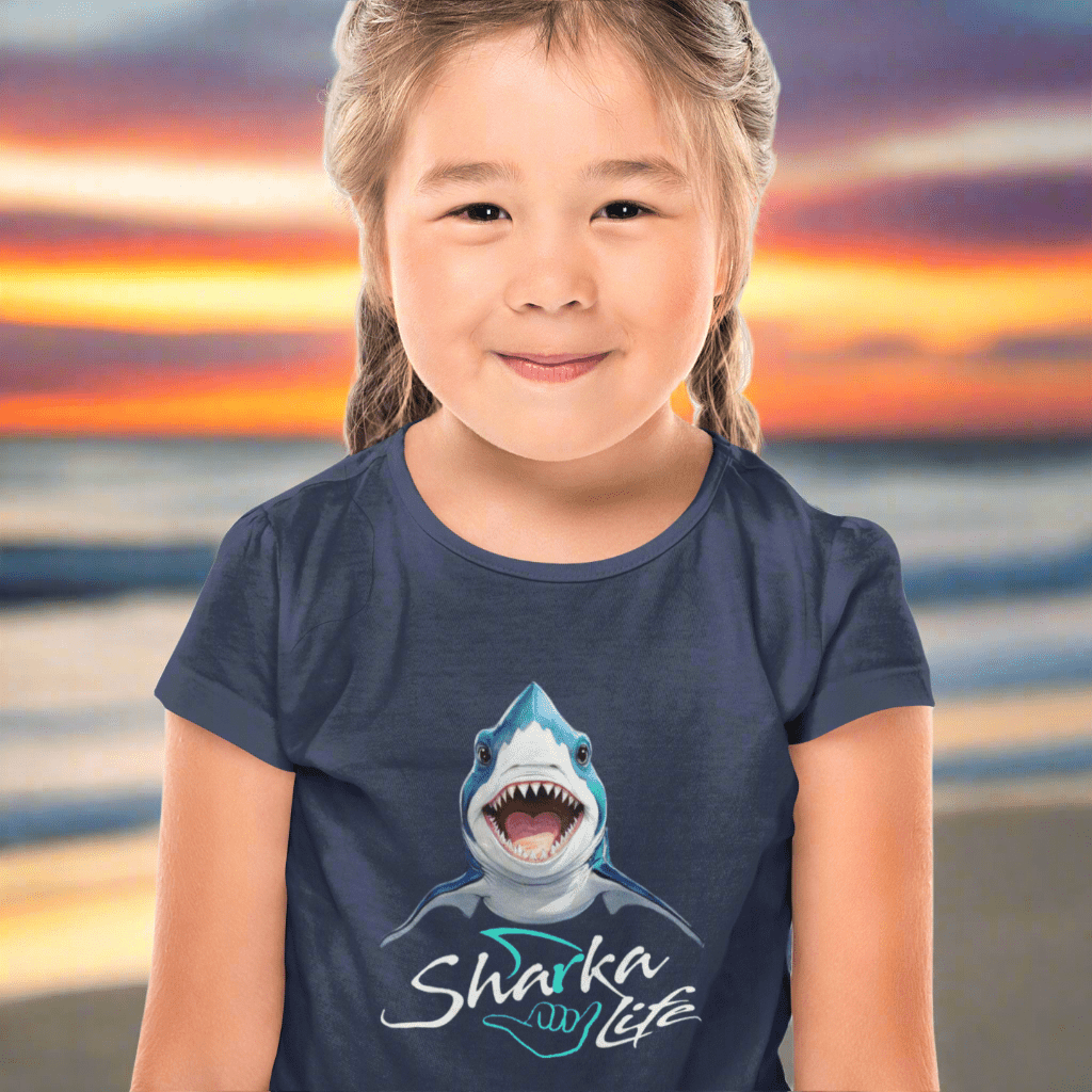 Child wearing a navy blue t-shirt with a shark graphic and 'Sharka Life' text on a white background