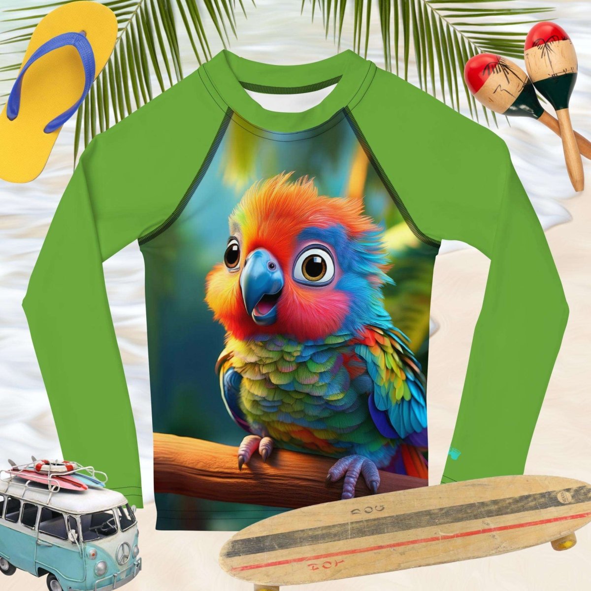 Green long-sleeve sun rashie shirt with a colorful parrot design on a beach-themed background with flip-flops, maracas, and a toy van.