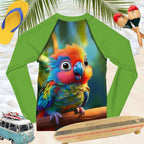 Green long-sleeve sun rashie shirt with a colorful parrot design on a beach-themed background