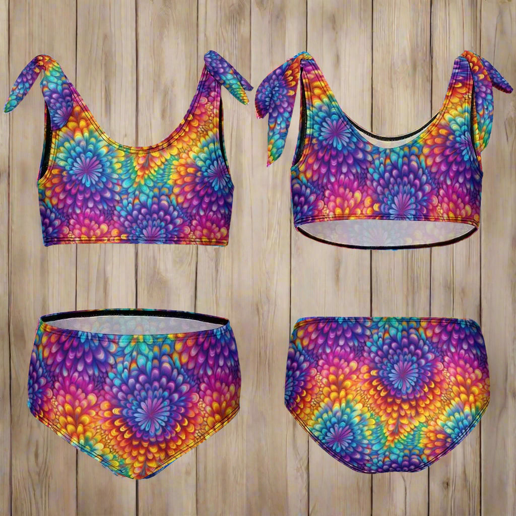Colorful tie-dye bikini set  front and back over a nautical wood background