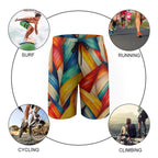 Colorful shorts with activities like surfing, running, cycling, and climbing depicted around them.