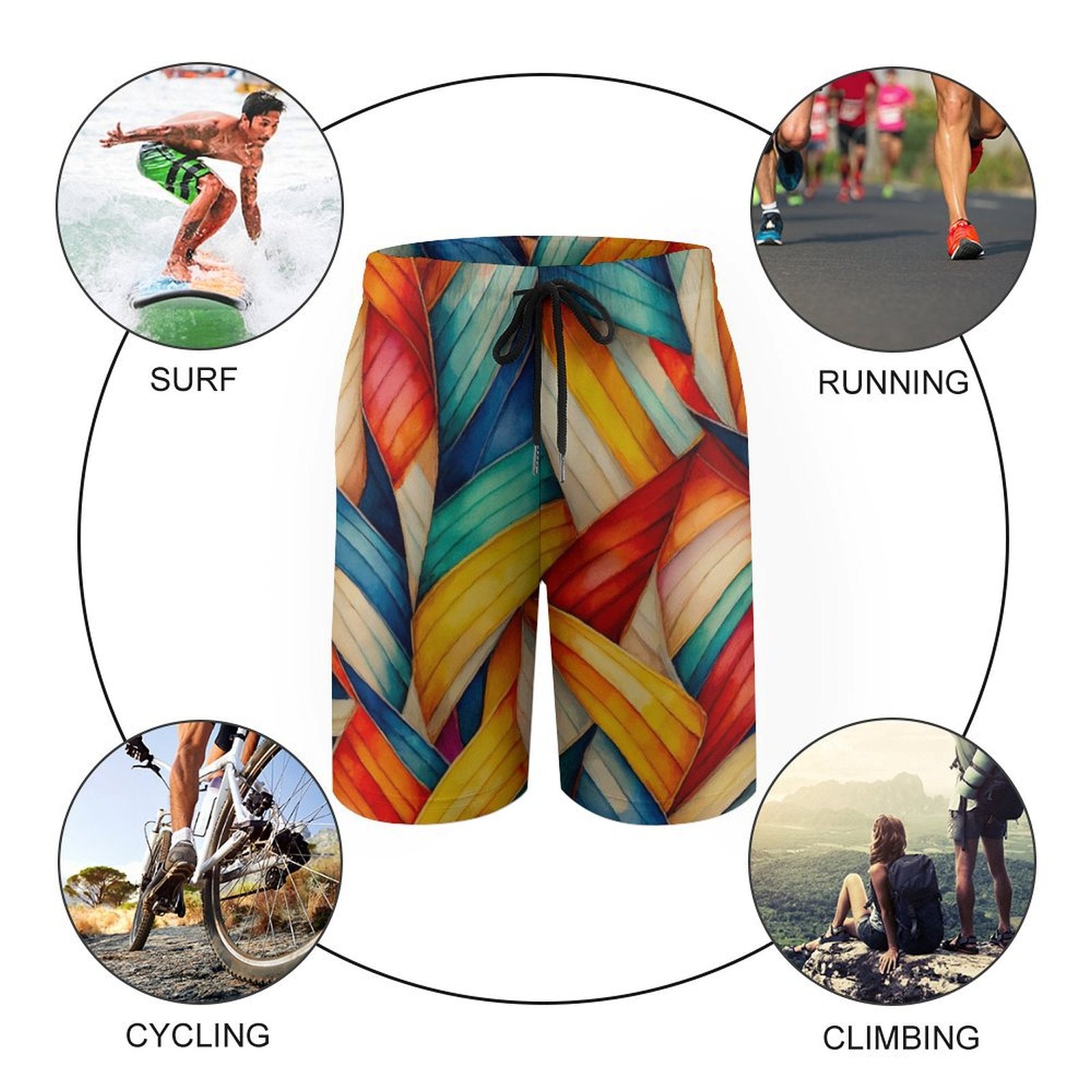 Colorful shorts with activities like surfing, running, cycling, and climbing depicted around them.
