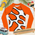 Orange and white patterned shirt with flip-flops, maracas, and a toy van on a tropical background