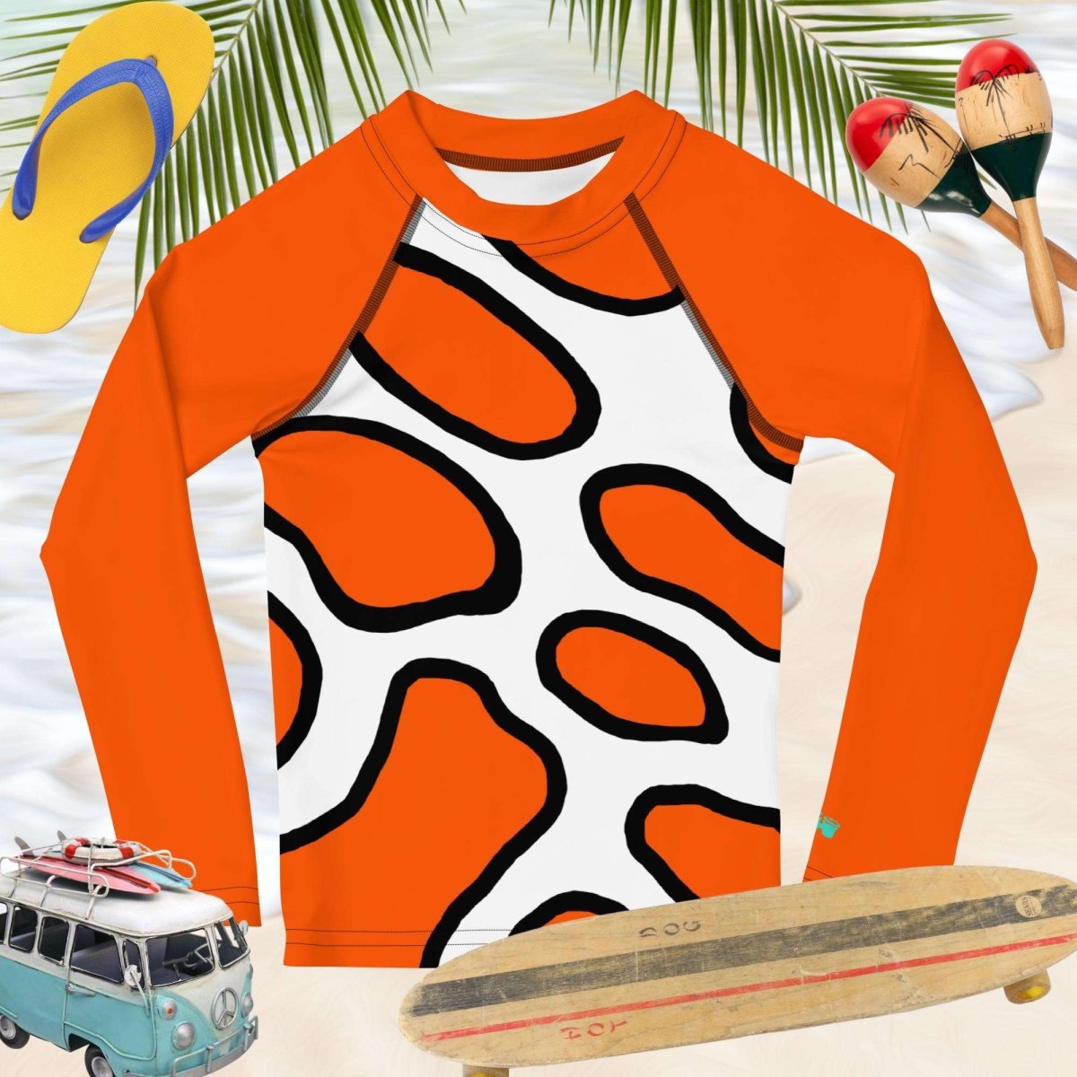 Orange and white patterned shirt with flip-flops, maracas, and a toy van on a tropical background