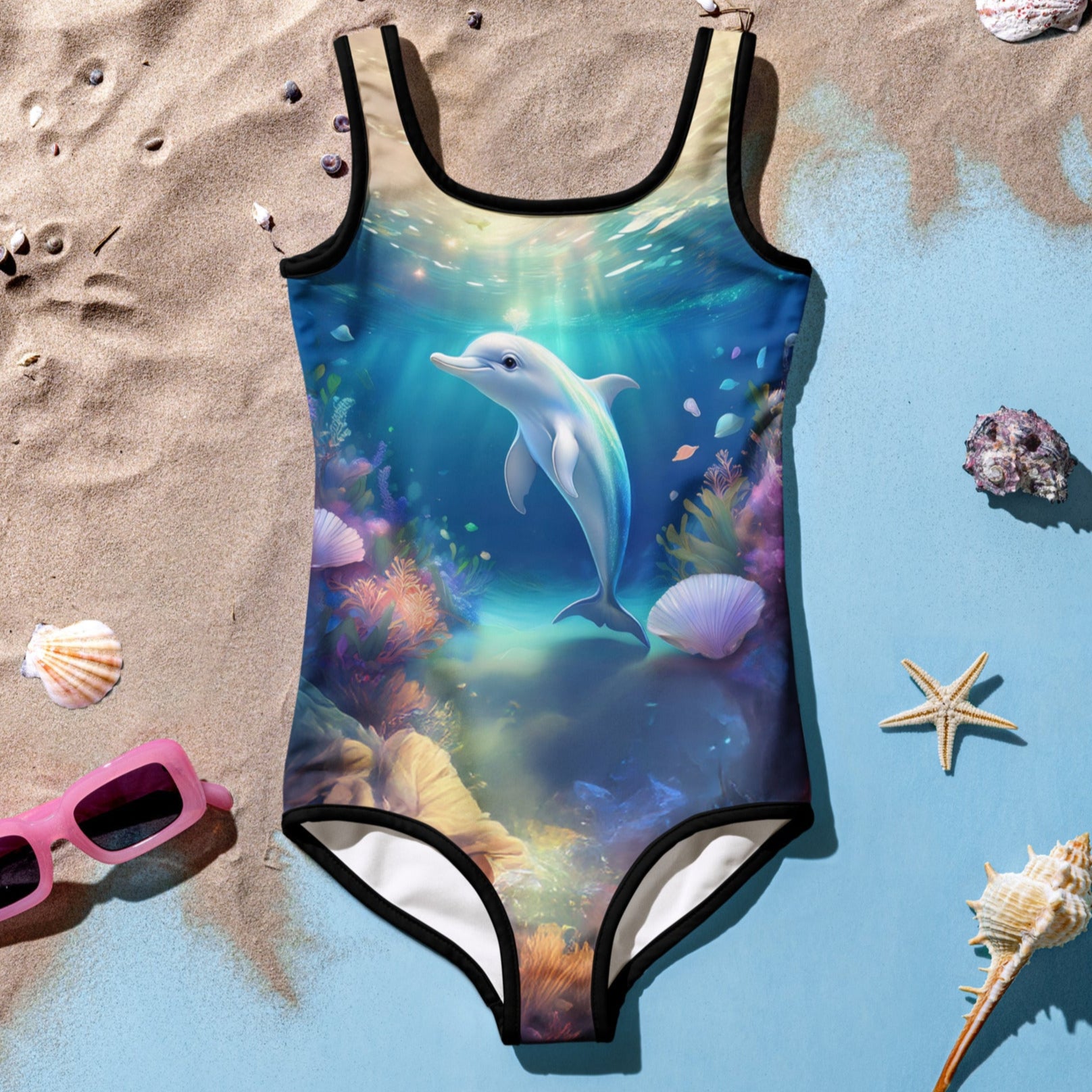 Girl's One Piece Dolphin Swimsuit lying in stand 