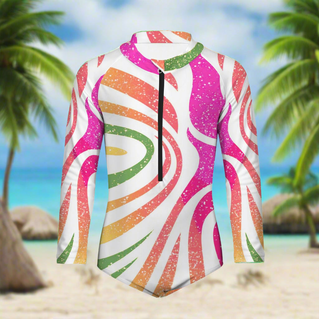 Colorful long-sleeve swimsuit with a pattern on a island beach background
