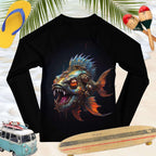 back view of Black long-sleeve kids rash guard with a fish graphic on a beach-themed background with a hat, maracas, and surfboard.
