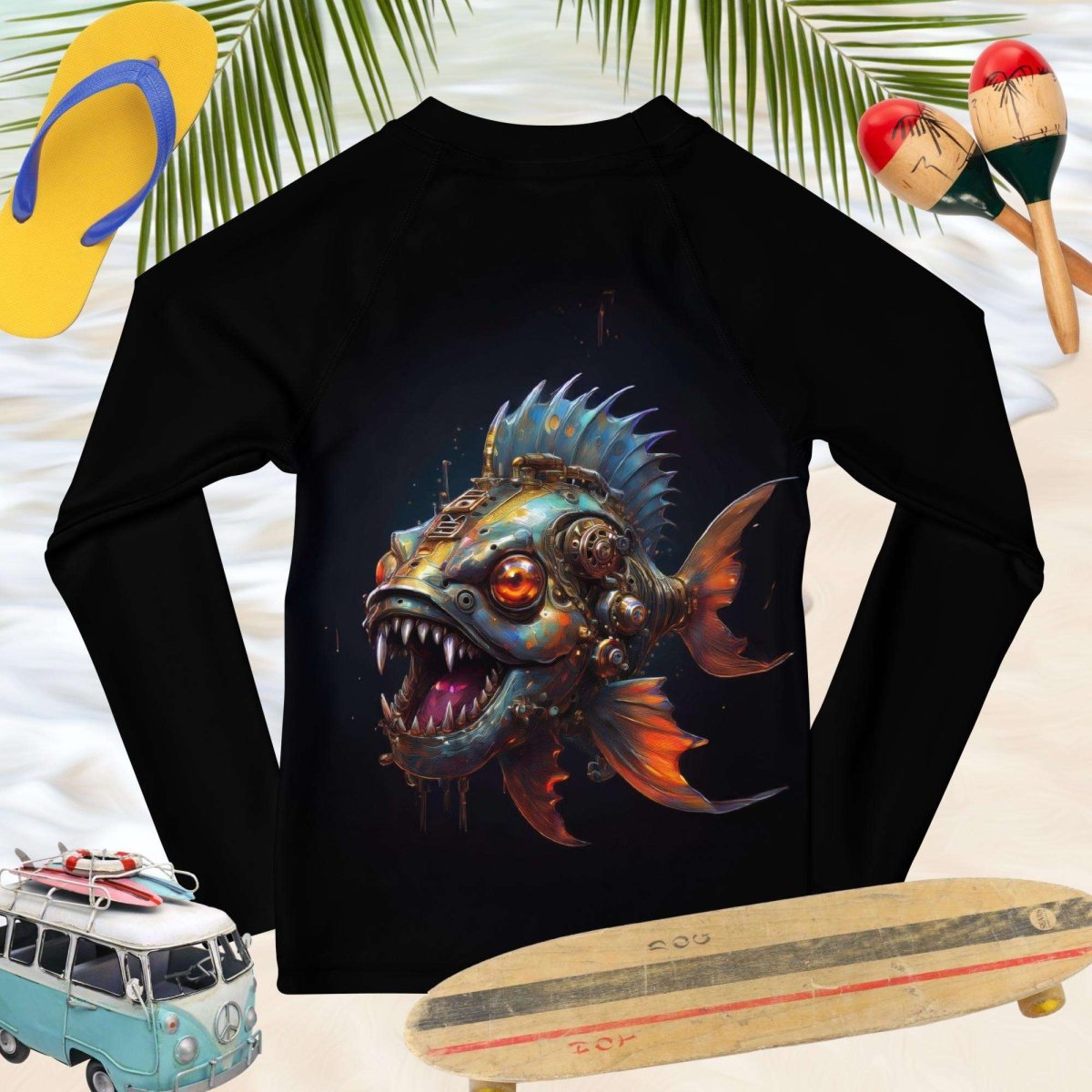 back view of Black long-sleeve kids rash guard with a fish graphic on a beach-themed background with a hat, maracas, and surfboard.