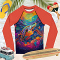 Colorful turtle-themed shirt with beach accessories on a tropical background