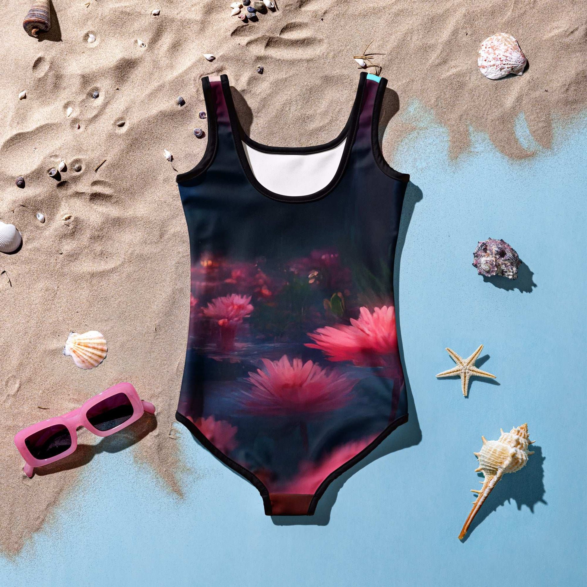 Back of baby flamingo girls swimsuit featuring lotus flowers. 