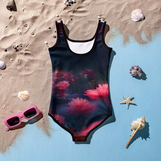Back of baby flamingo girls swimsuit featuring lotus flowers. 