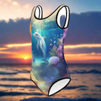 Girl's One Piece Swimsuit with Dolphin print over an ocean sunset 