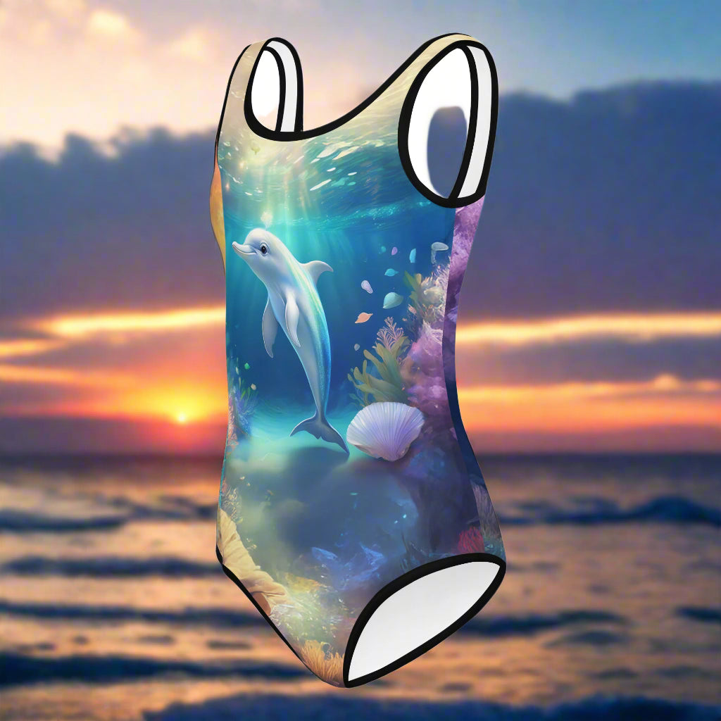 Girl's One Piece Swimsuit with Dolphin print over an ocean sunset 