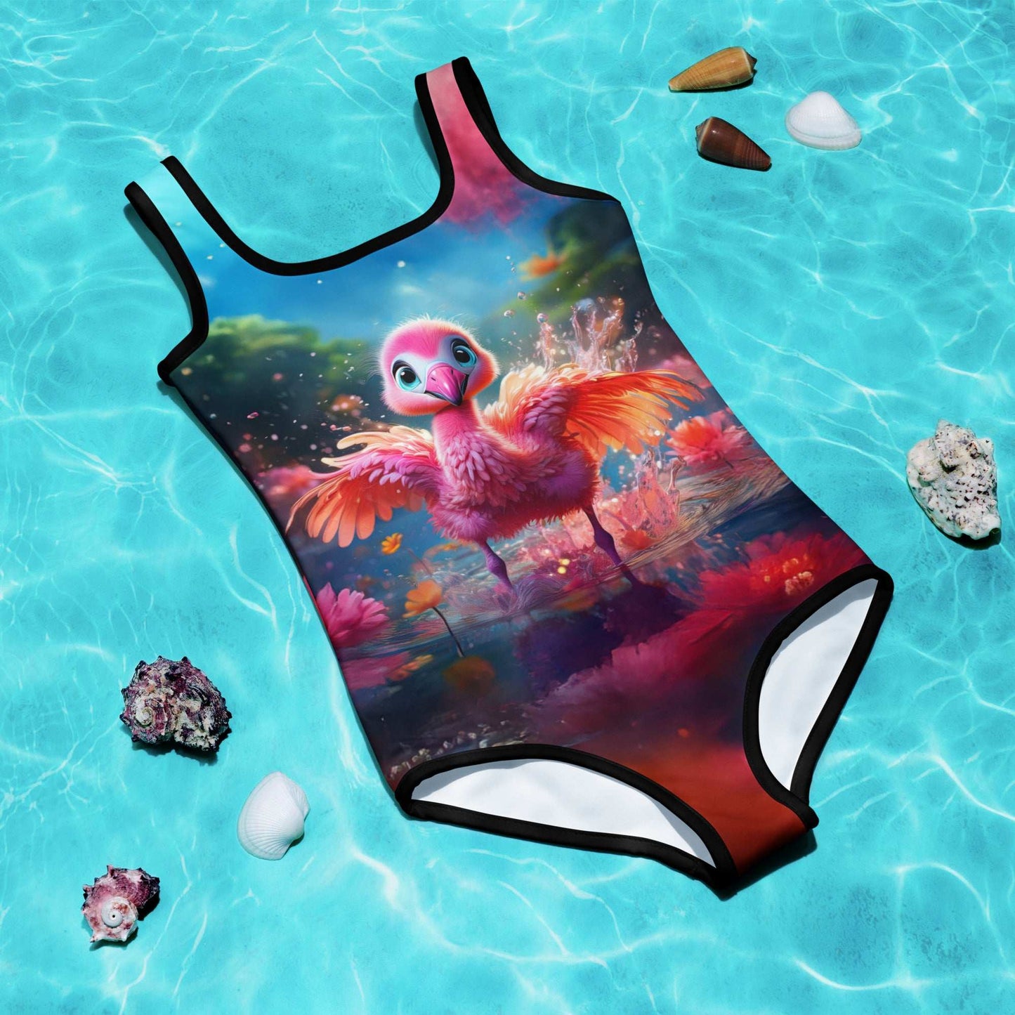 Baby Flamingo printed on girls one piece swimsuit floating over water and seashells