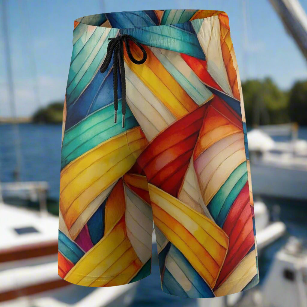 Colorful patterned shorts on a white background