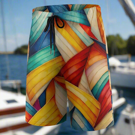 Colorful patterned shorts on a white background