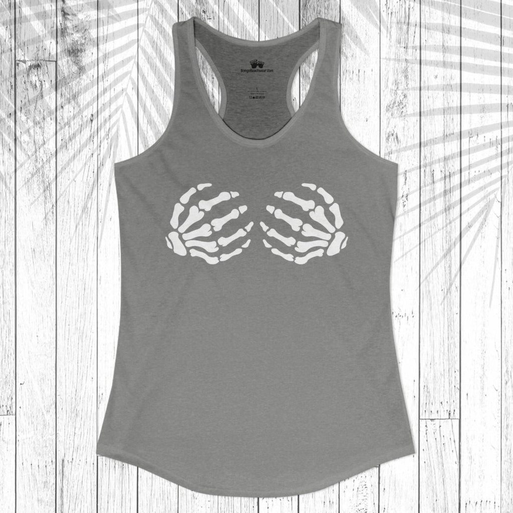 A gray racerback tank top with a white graphic of two skeletal hands on the chest, displayed flat against a white wood plank background with a palm leaf shadow overlay.