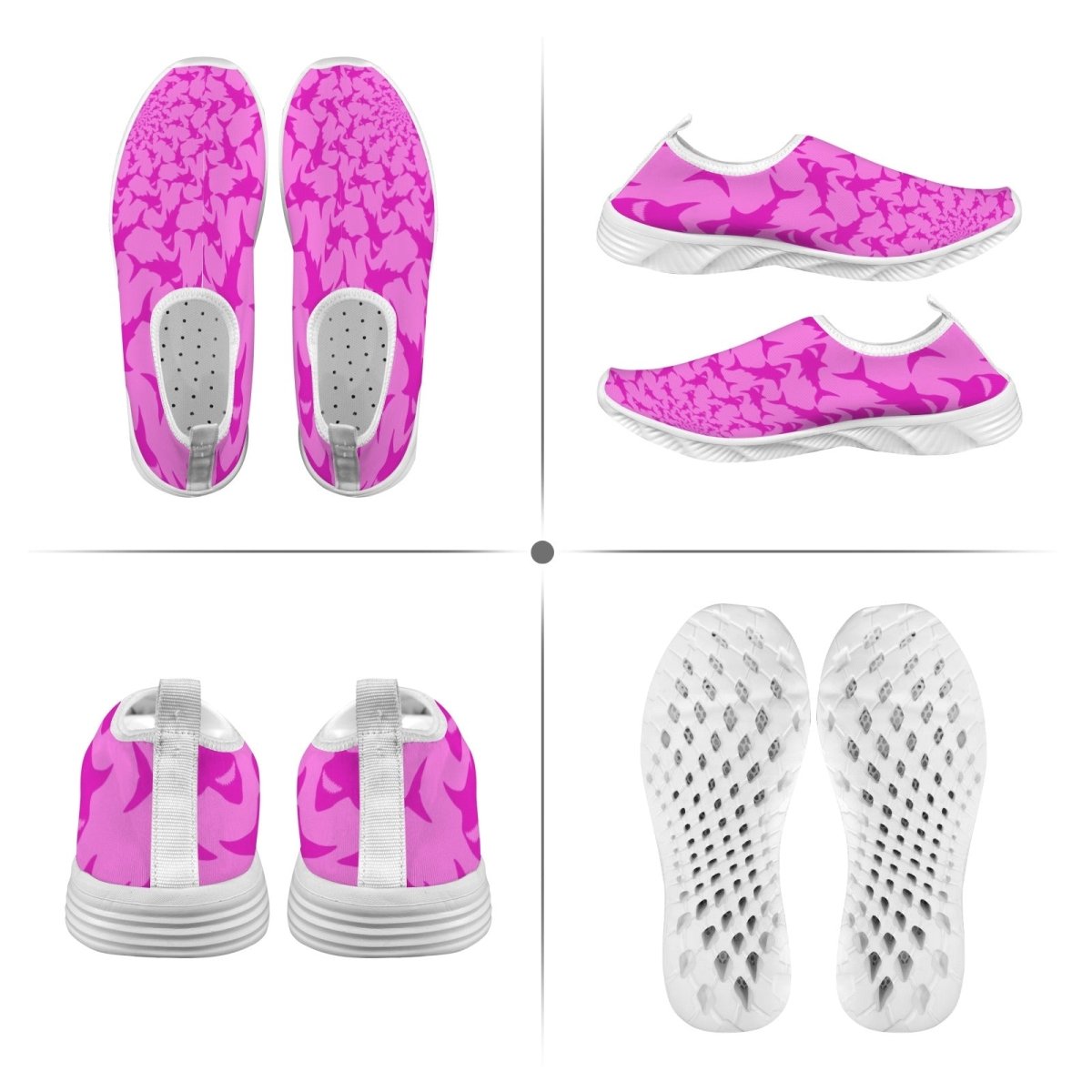 A four-panel product collage showing a pair of slip-on water shoes from multiple angles: top-down, side profile, back view, and sole view. The shoes have a bright pink and magenta shark pattern on the upper, white soles, and a gray footbed.