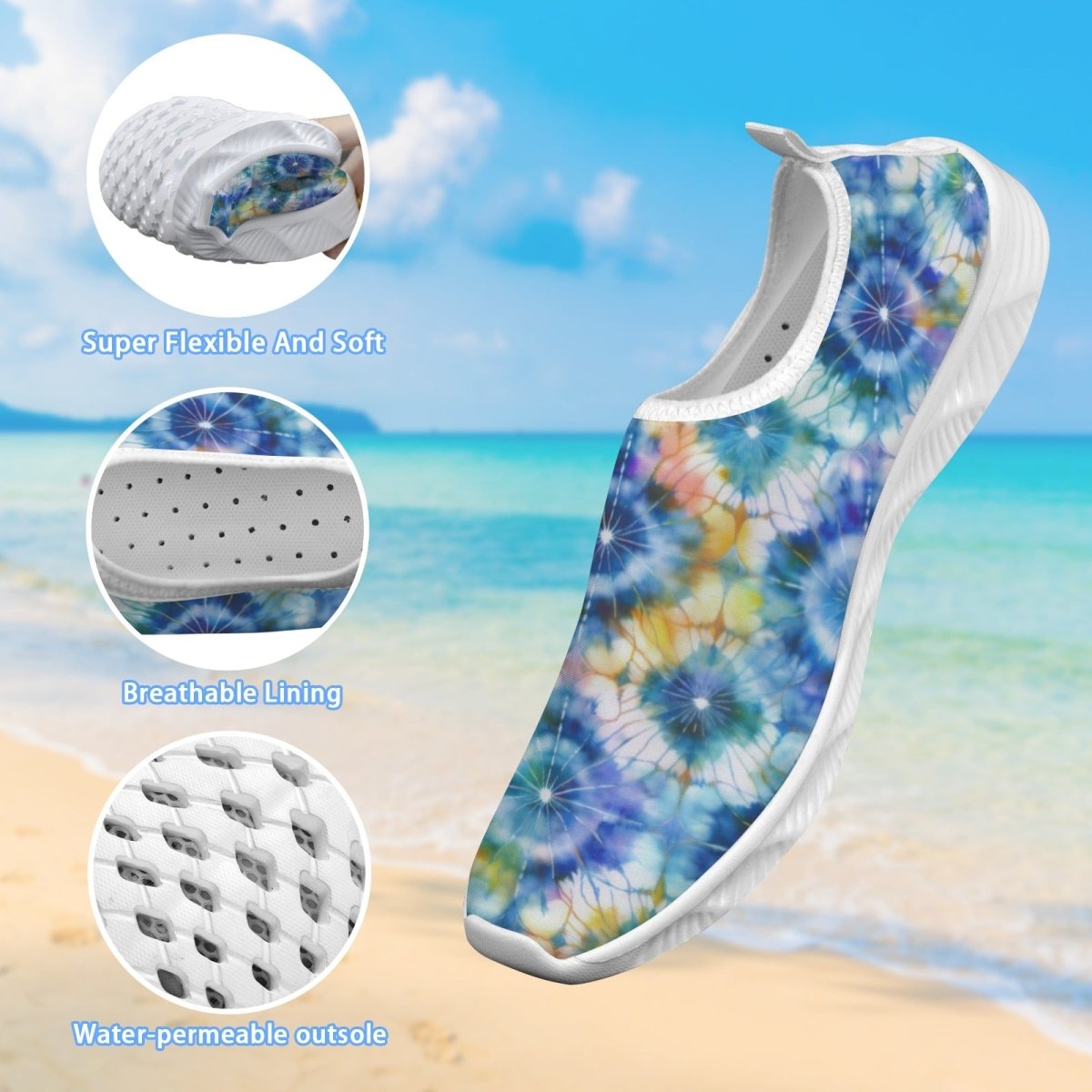 A single slip-on water shoe with a blue, purple, and yellow tie-dye pattern and a white sole, shown over a beach background with three circular inset detail callouts and text describing comfort, breathability, and water permeability.