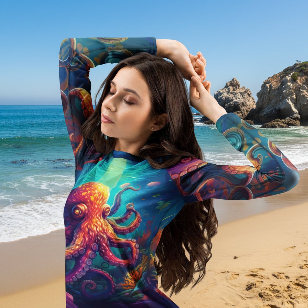Woman wearing a colorful rashi with an Psychedelic Octopus design on Laguna beach