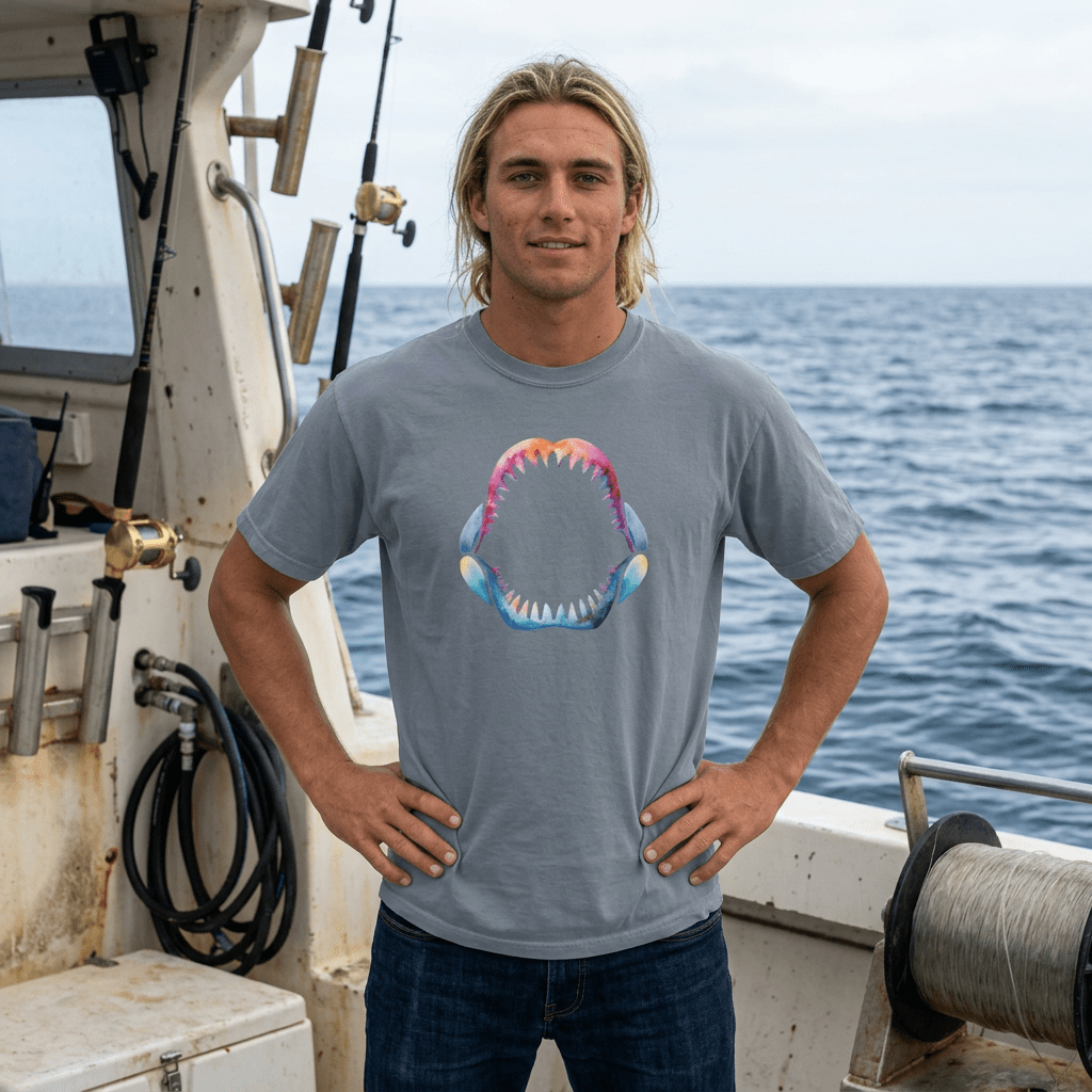 A man standing on a boat deck wearing a heather gray t-shirt with a colorful, watercolor-style shark mouth graphic on the chest, paired with dark blue jeans.