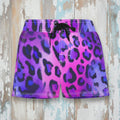 Purple and pink leopard print shorts on a white background