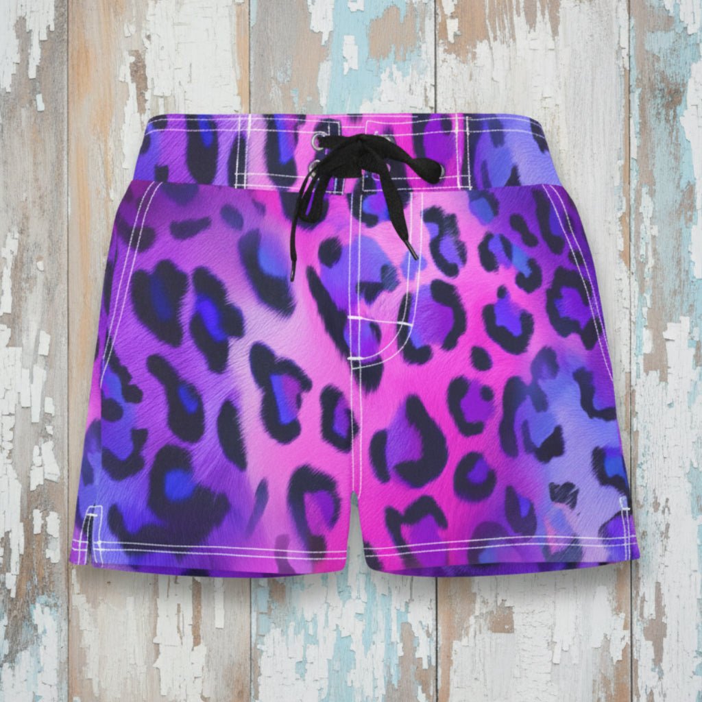 Purple and pink leopard print shorts on a white background