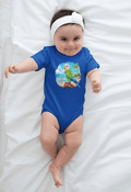 Baby wearing a blue infant bodysuit onesie with a parrot head design on a white blanket