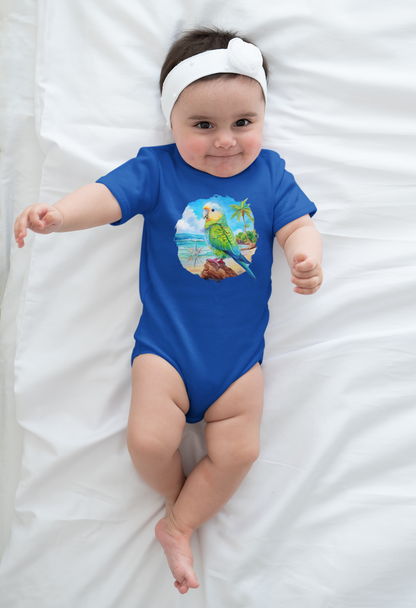 Baby wearing a blue onesie with a parrot head design on a white blanket