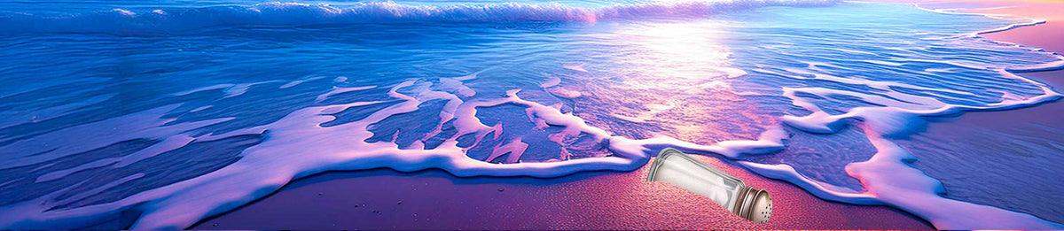 Jimmy Buffett's lost shaker of salt stuck in the sands of St. Somewhere, surrounded by water and sky.