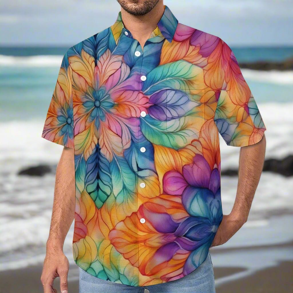Man wearing a colorful floral aloha hawaiian shirt standing on a beach on the Big Island in Hawaii