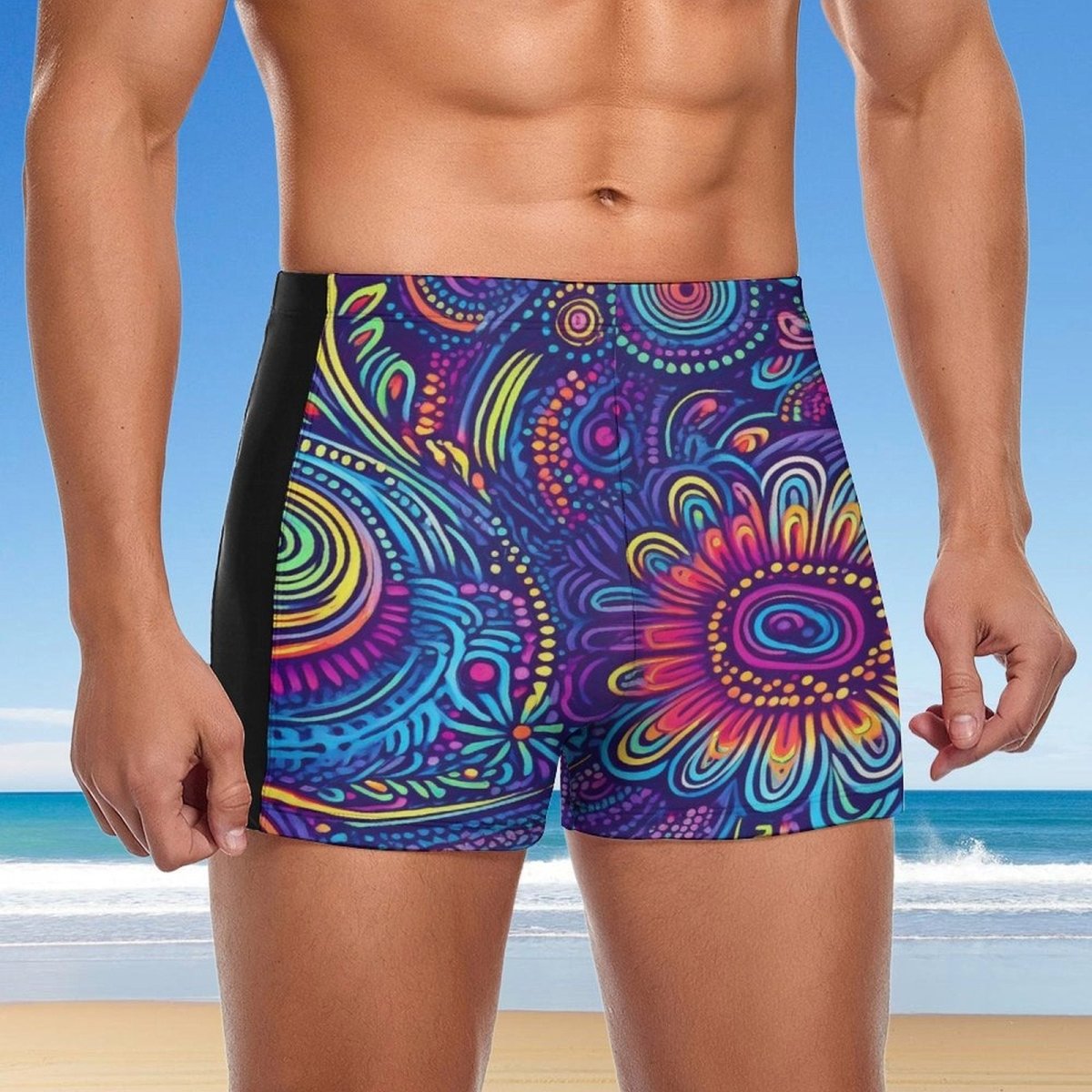 Person wearing colorful patterned swim shorts with a beach background