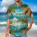 man in hawaiian shirt with Tropical island scene of palm trees and sailboats standing on the beach in Maui