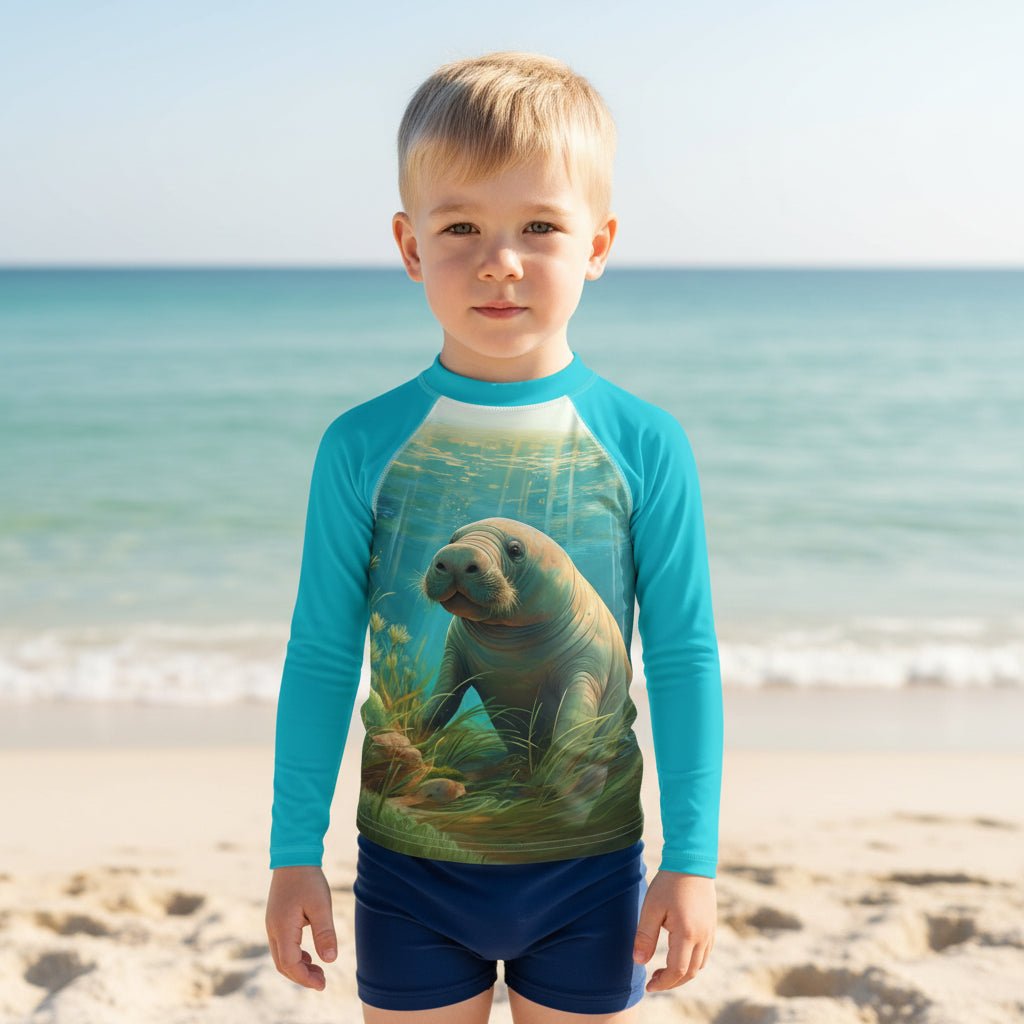 A young boy stands on Anna Maria Island beach wearing a long-sleeve rash guard with a colorful Manatee graphic on the front and blue swim trunks, with the ocean and sky blurred in the background.