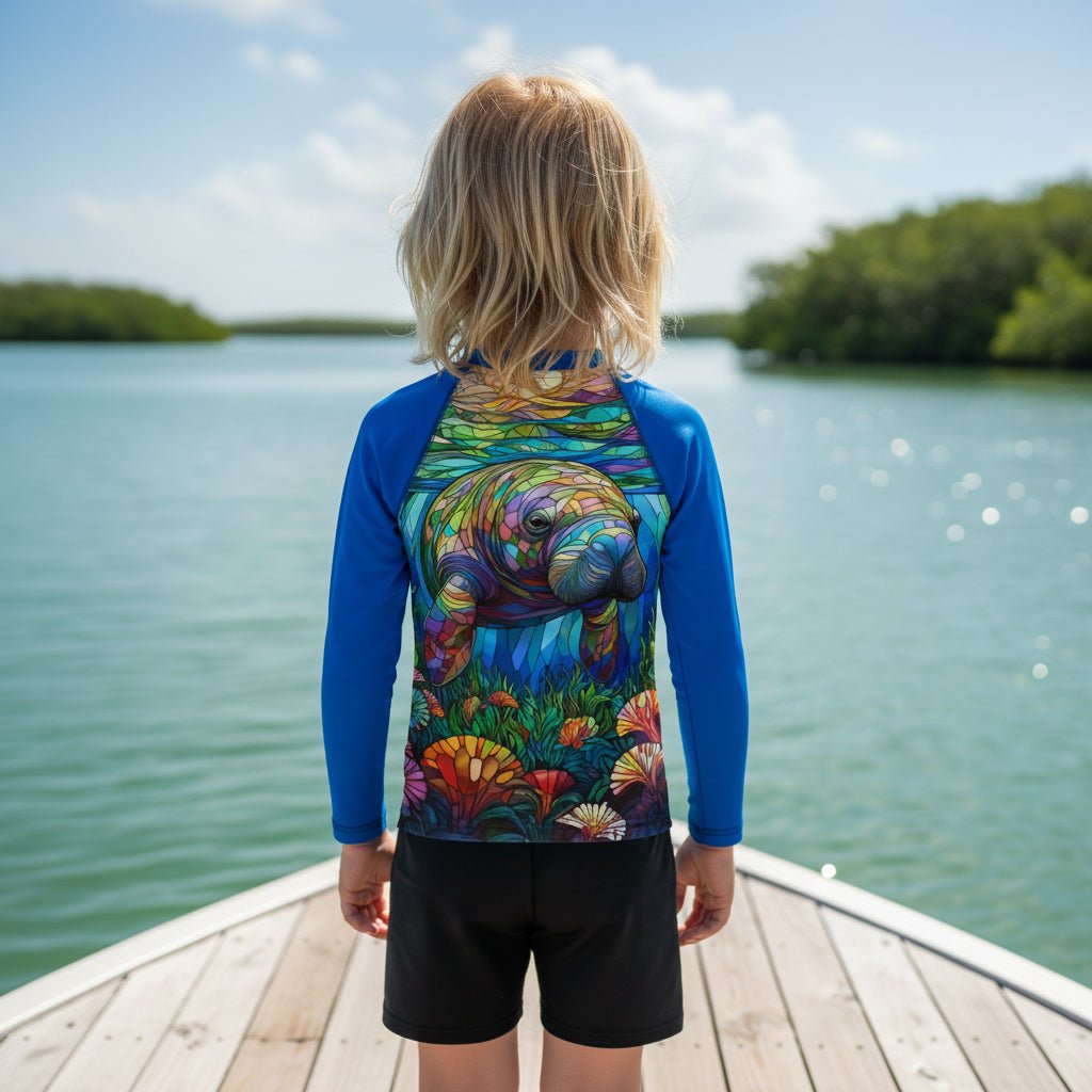 A child stands on a wooden dock facing a Crystal River Manatee Habitat, wearing a long-sleeve rash guard with bright blue sleeves and a colorful back print of a manatee and tropical flowers, paired with black swim shorts.