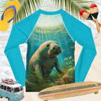 Blue long-sleeve rash guard shirt with a manatee design on a beach background with flip-flops, drumsticks, and a toy van.