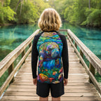 kid in a long-sleeve sun rashie with black sleeves and a vibrant, print of a manatee in Blue Springs Florida