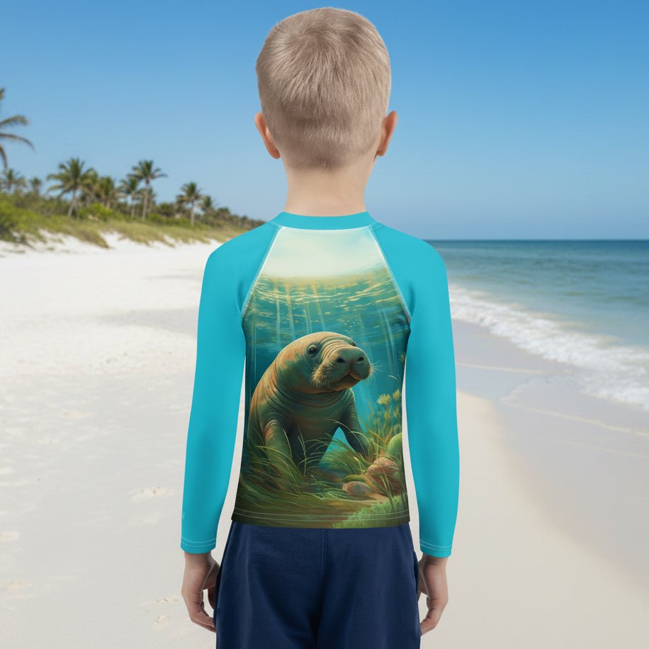 A child standing on a beach, viewed from behind, wearing a long-sleeve swim shirt with bright turquoise sleeves and a large printed underwater scene on the back featuring a manatee.
