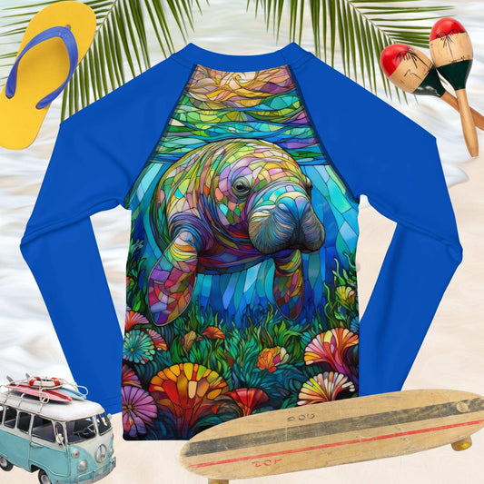 Manatee Stained Glass Art Rash Guard | Kid Sizes UPF 50+ Rash Guards