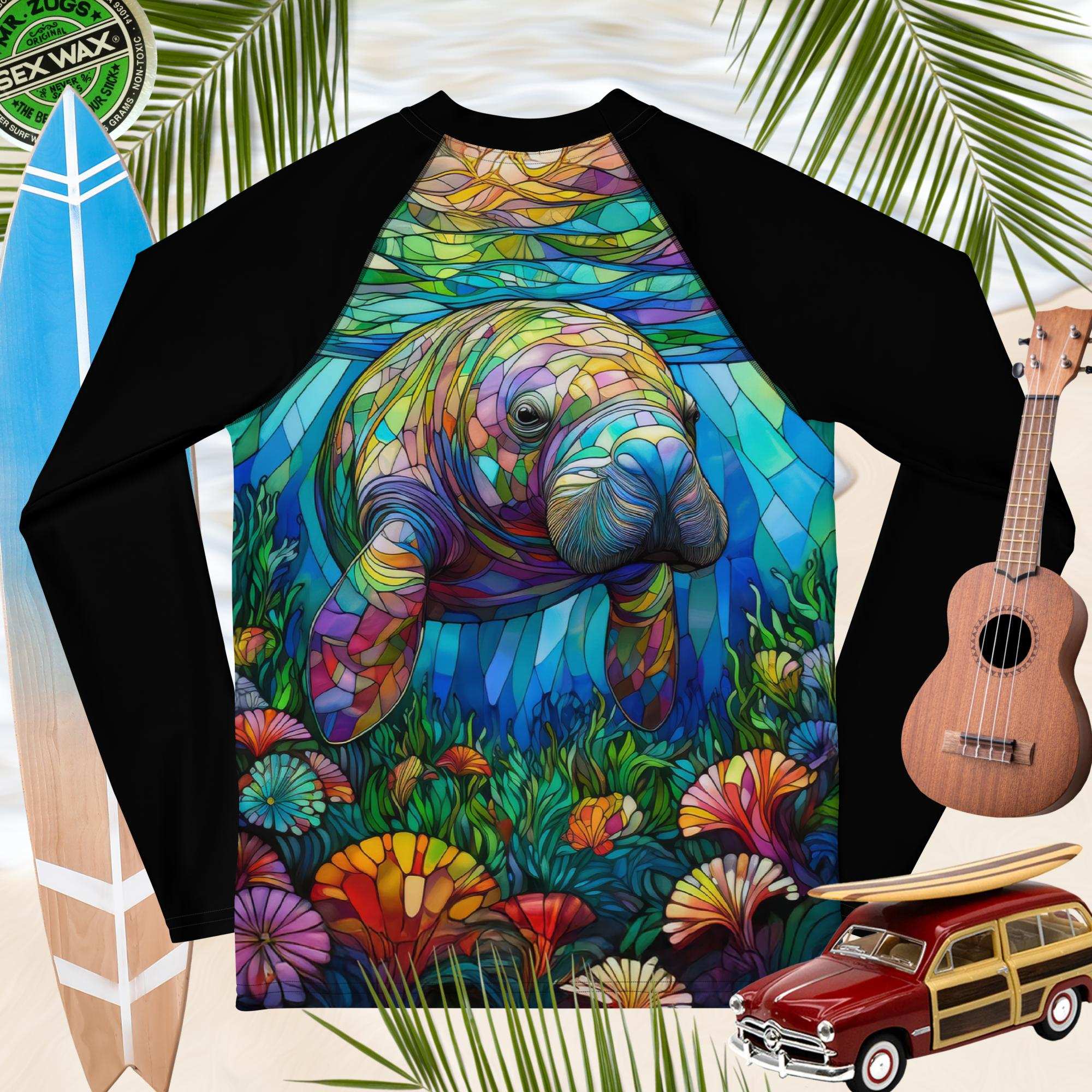 Manatee Stained Glass Art | Rash Guard | Teen/Youth Rash Guards & Swim Shirts