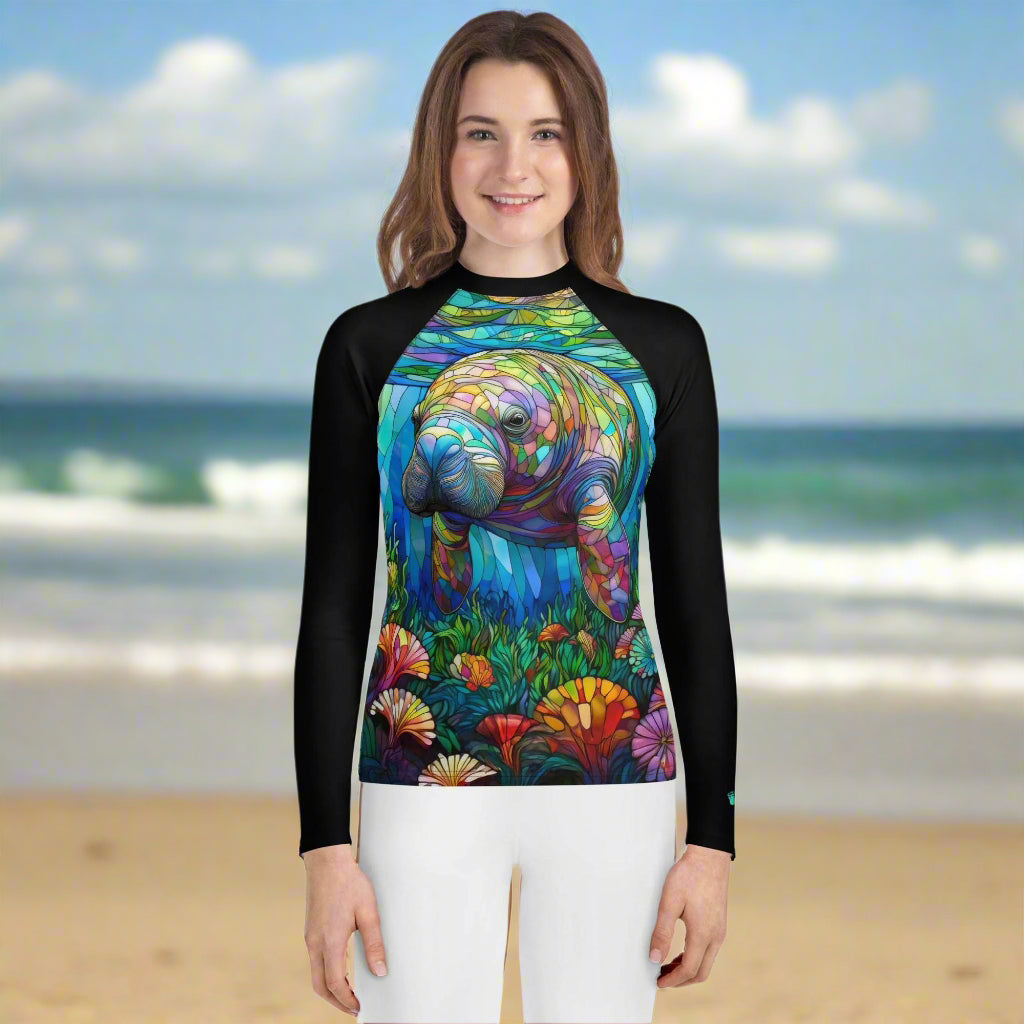 Manatee Stained Glass Art | Rash Guard | Teen/Youth Rash Guards & Swim Shirts