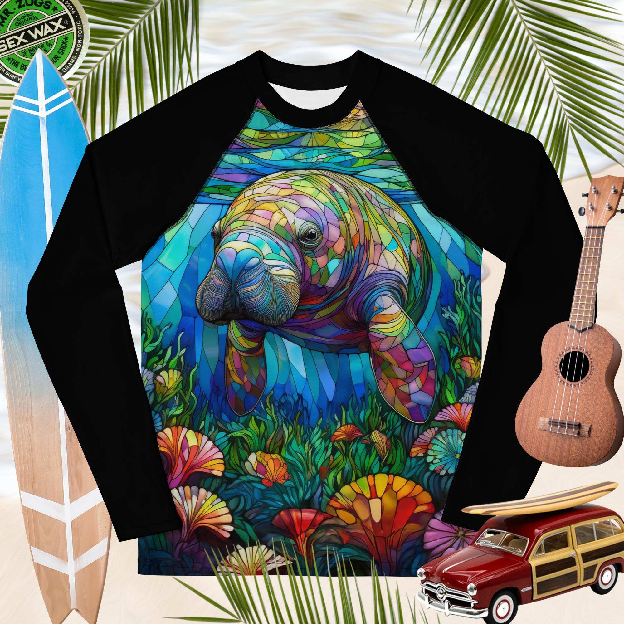 Manatee Stained Glass Art | Rash Guard | Teen/Youth Rash Guards & Swim Shirts