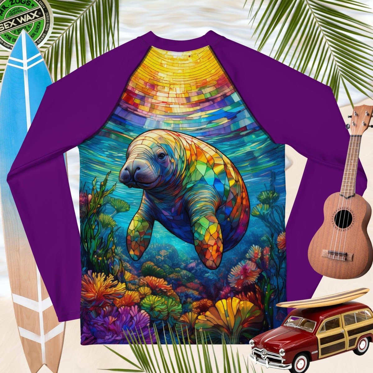 Colorful sun rashie with a manatee design on a tropical background with surfboard, ukulele, and vintage toy car.