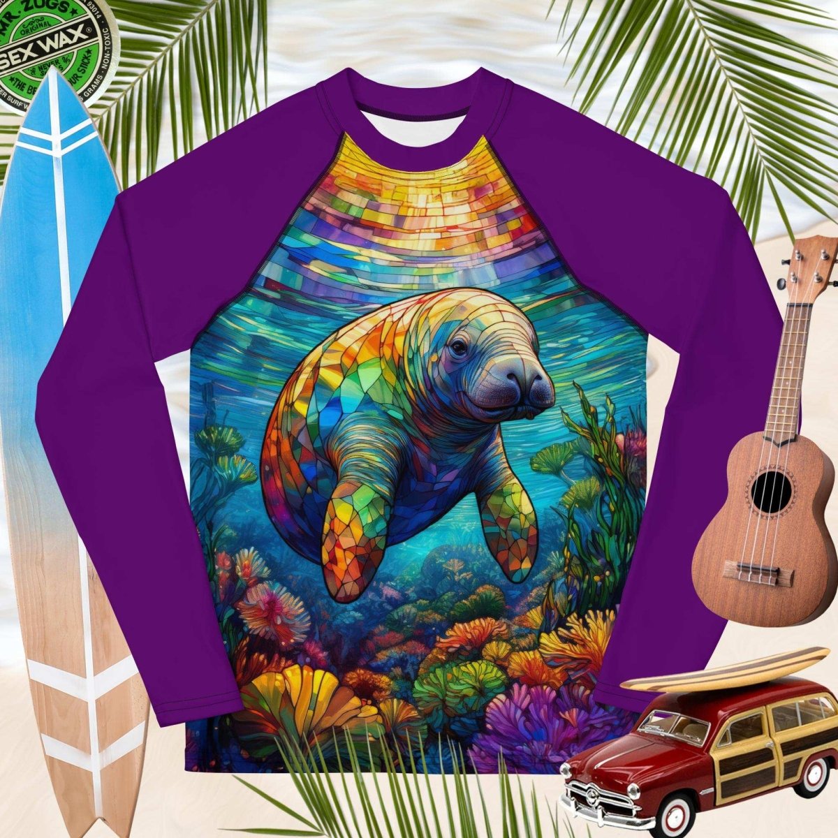 Colorful long-sleeve shirt with a manatee design on a tropical-themed background with surfboard, ukulele, and toy car.