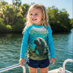 A young girl smiling on a boat wearing a bright blue long-sleeve swim shirt with a large Manatee graphic on the front, paired with navy shorts, with water and green trees in the background.