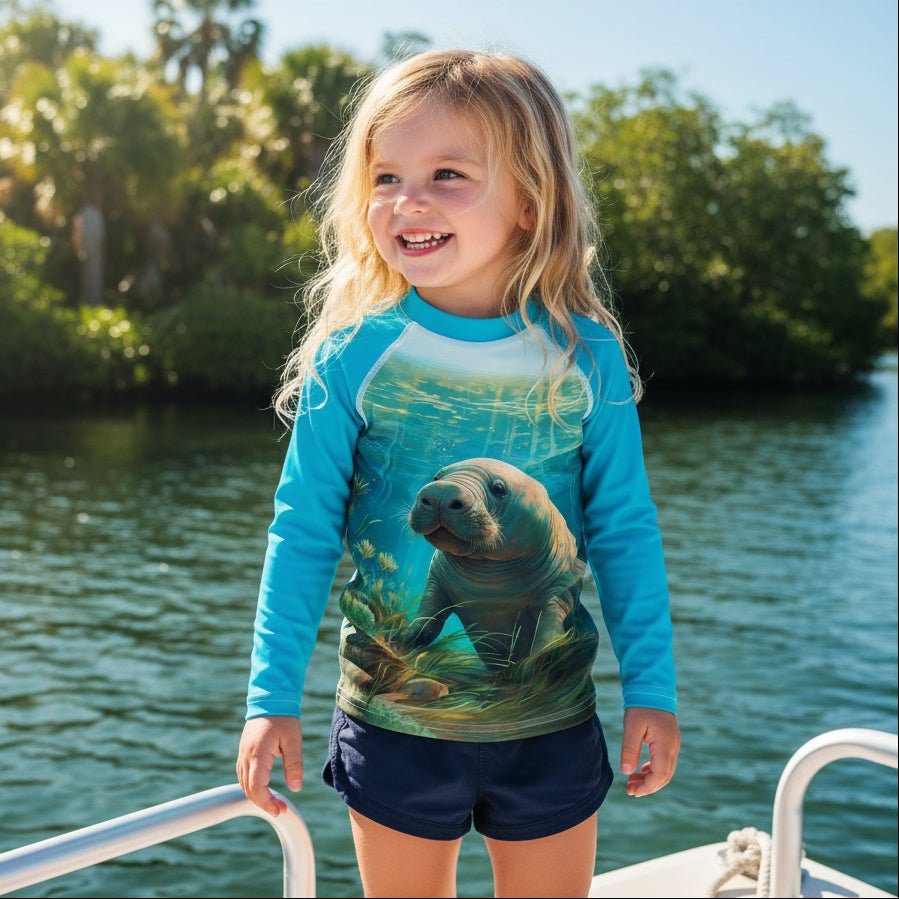 A young girl smiling on a boat wearing a bright blue long-sleeve swim shirt with a large Manatee graphic on the front, paired with navy shorts, with water and green trees in the background.