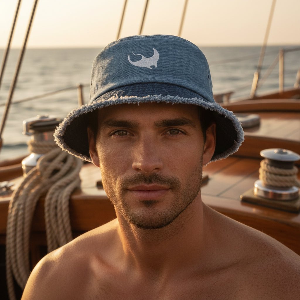 dude wearing a blue denim bucket hat with a dark navy blue frayed brim and a white embroidered manta ray on the front.