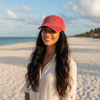 Beautiful woman with long flowing black hair shown from the waist up wearing red hat with shark tooth embroidery on marco island beach
