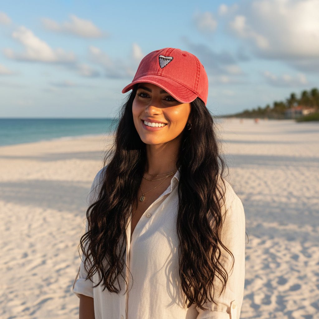 Beautiful woman with long flowing black hair shown from the waist up wearing red hat with shark tooth embroidery on marco island beach